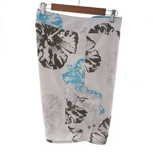 American Eagle Floral White Blue Gray Inner Mesh Swimming Trunks Mens Size 34